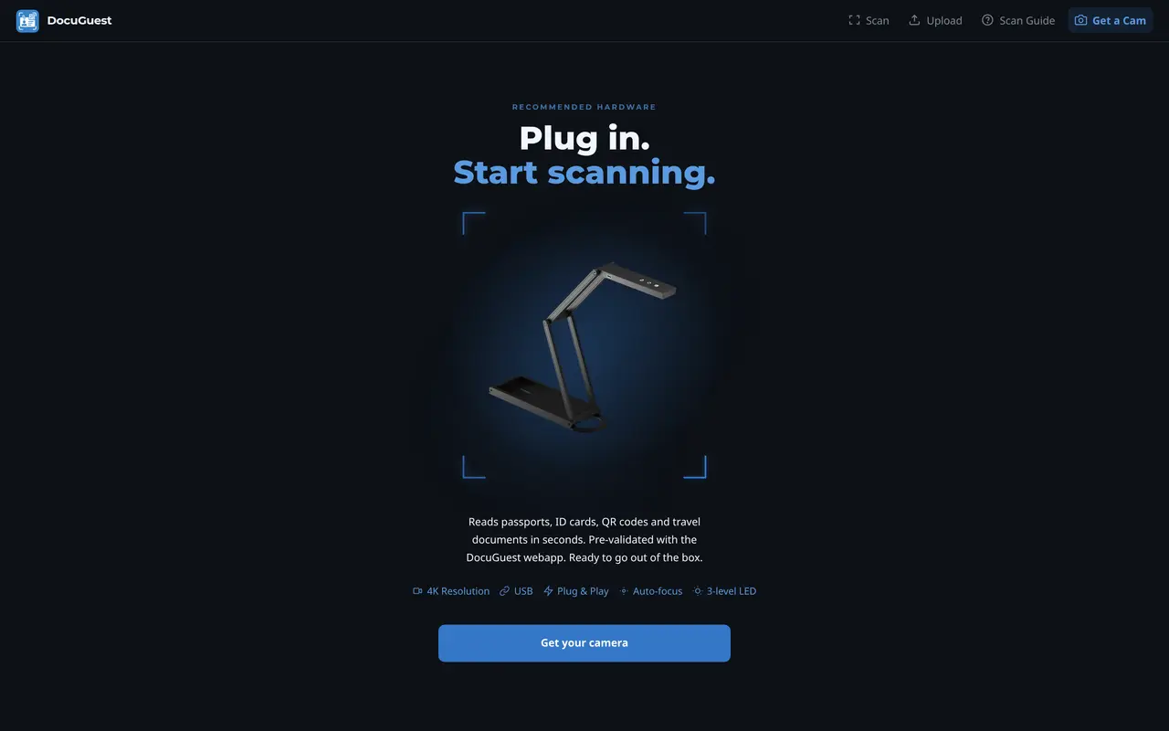 Get a Cam tab: a "Recommended hardware" poster headlined "Plug in. Start scanning.", a photo of the folding USB document camera on its stand, a short description, feature tags for 4K resolution, USB, plug and play, auto-focus and 3-level LED, and a "Get your camera" button