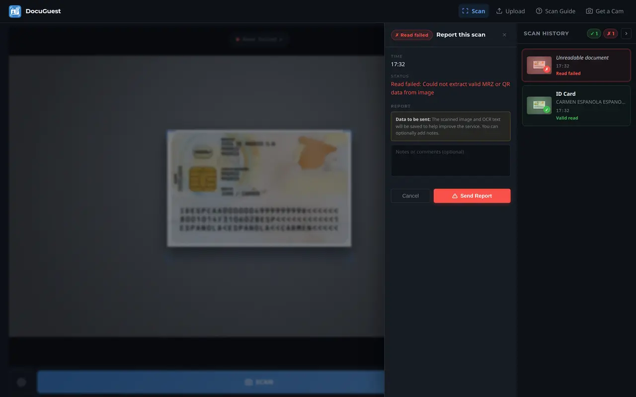 Report drawer for a failed scan: a "✗ Read failed" badge, the time and status of the scan, a notice explaining that the scanned image and OCR text will be sent, an optional notes field, and Cancel / Send Report buttons