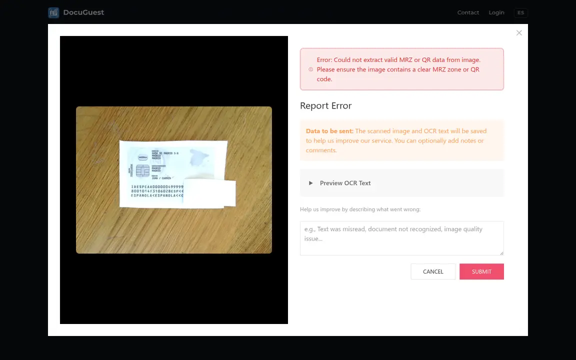 Failed scan view with a red banner reading "Error: Could not extract valid MRZ or QR data from image". Below: a Report Error form with a "Data to be sent" notice (image and OCR text), a collapsible "Preview OCR Text" toggle, a free-text feedback area, and Cancel / Submit buttons
