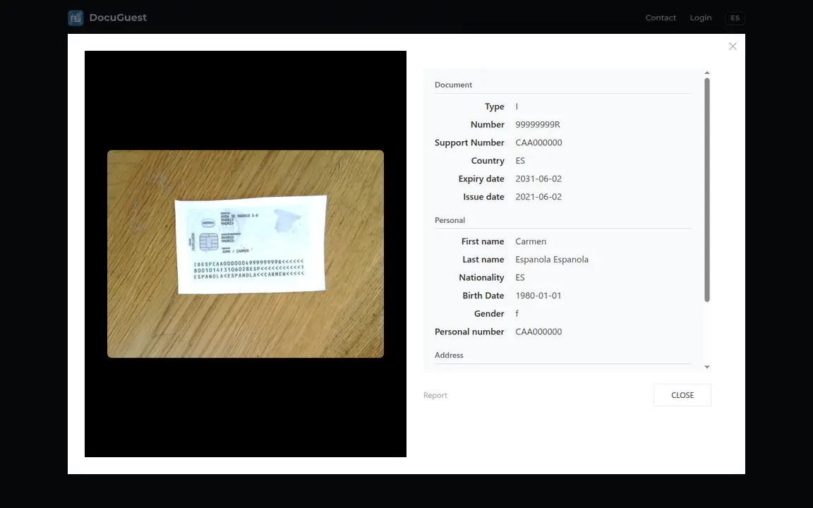 Scan result modal showing the captured image of an ID card on the left and a structured list of extracted fields on the right (Type, Number, Support Number, Country, Expiry date, Issue date, Personal section with name and nationality). Bottom: Report link and Close button