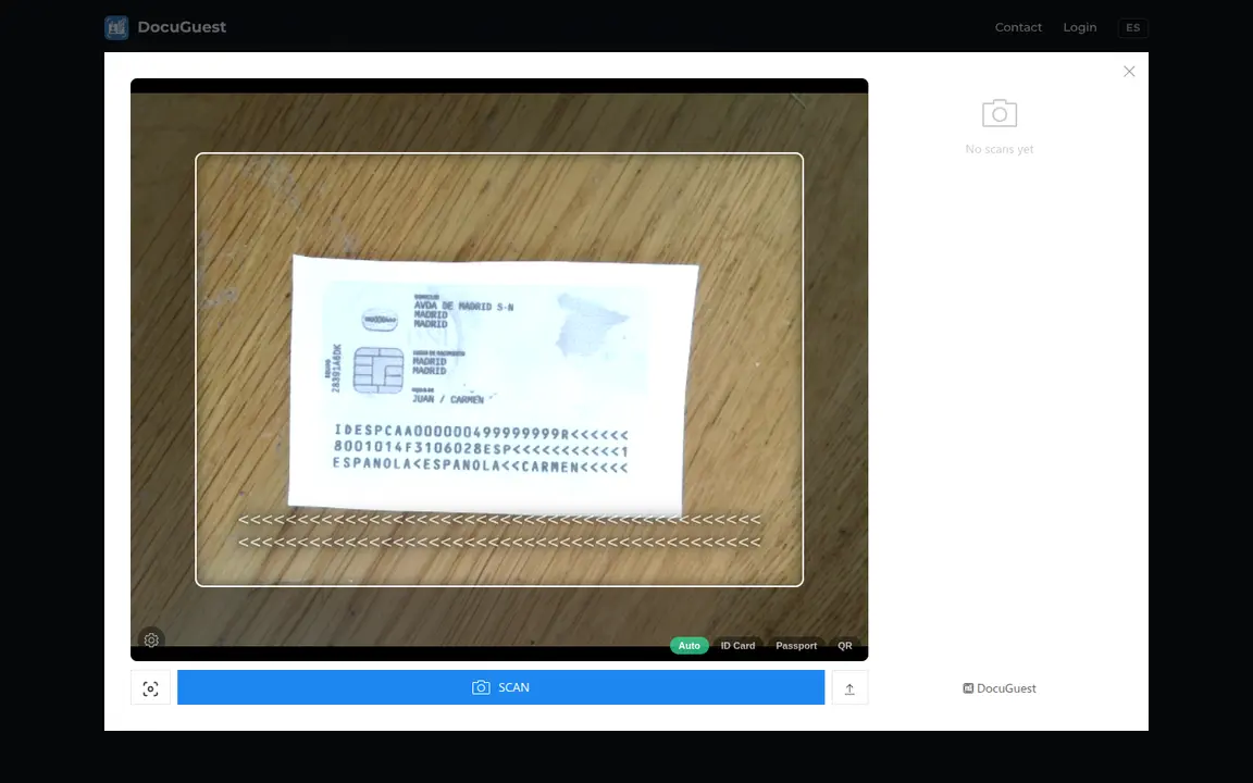 Scanner with a live camera preview, an ID card under the camera, MRZ chevron guides at the bottom, document type tabs (Auto, ID Card, Passport, QR), an autofocus button, a blue Scan button and an upload icon. A scan history panel sits to the right