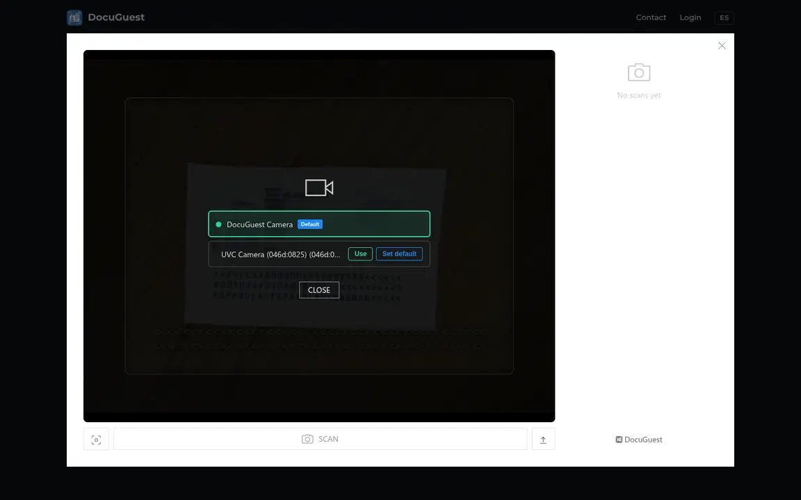 Camera selector with a list of connected cameras. The active one is highlighted in green and marked Default. Each entry has Use and Set default buttons