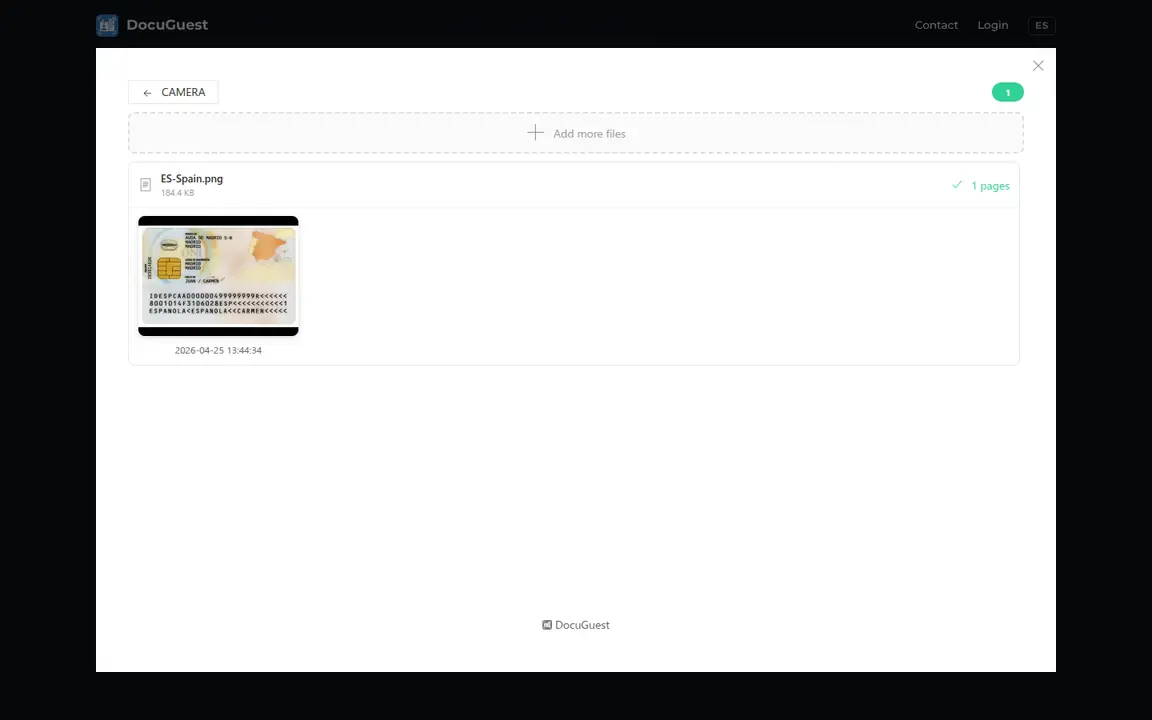 Upload mode after a file has been processed. A Camera button at the top-left, an "Add more files" drop zone, then a row showing "ES-Spain.png" with size 184.4 KB and a green "1 pages" indicator. Below the row, a thumbnail of the processed document with a timestamp