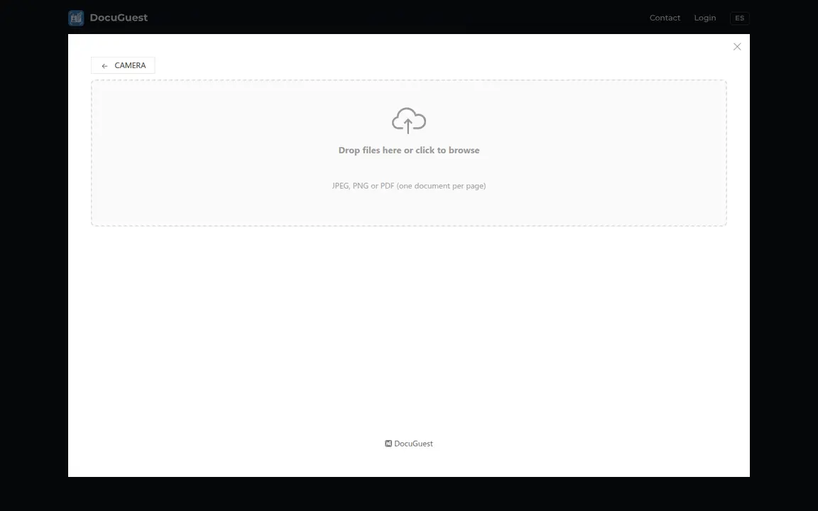 Upload area with a cloud icon, "Drop files here or click to browse" and "JPEG, PNG or PDF (one document per page)". A Camera button at the top-left switches back