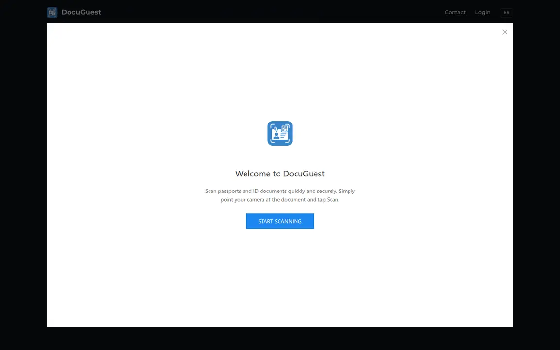 Welcome screen with the DocuGuest logo and a Start Scanning button