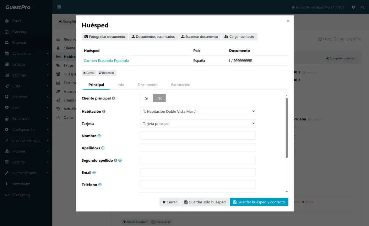 GuestPro Huésped modal after a scan has been imported. Top row of buttons: Fotografiar documento, Documentos escaneados, Escanear documento, Cargar contacto. Below: a row showing the imported guest "Carmen Espanola Espanola", país España, document I / 99999999R. Underneath, the Principal tab is open with form fields (Habitación, Tarjeta, Nombre, Apellidos, Email, Teléfono) ready to be saved