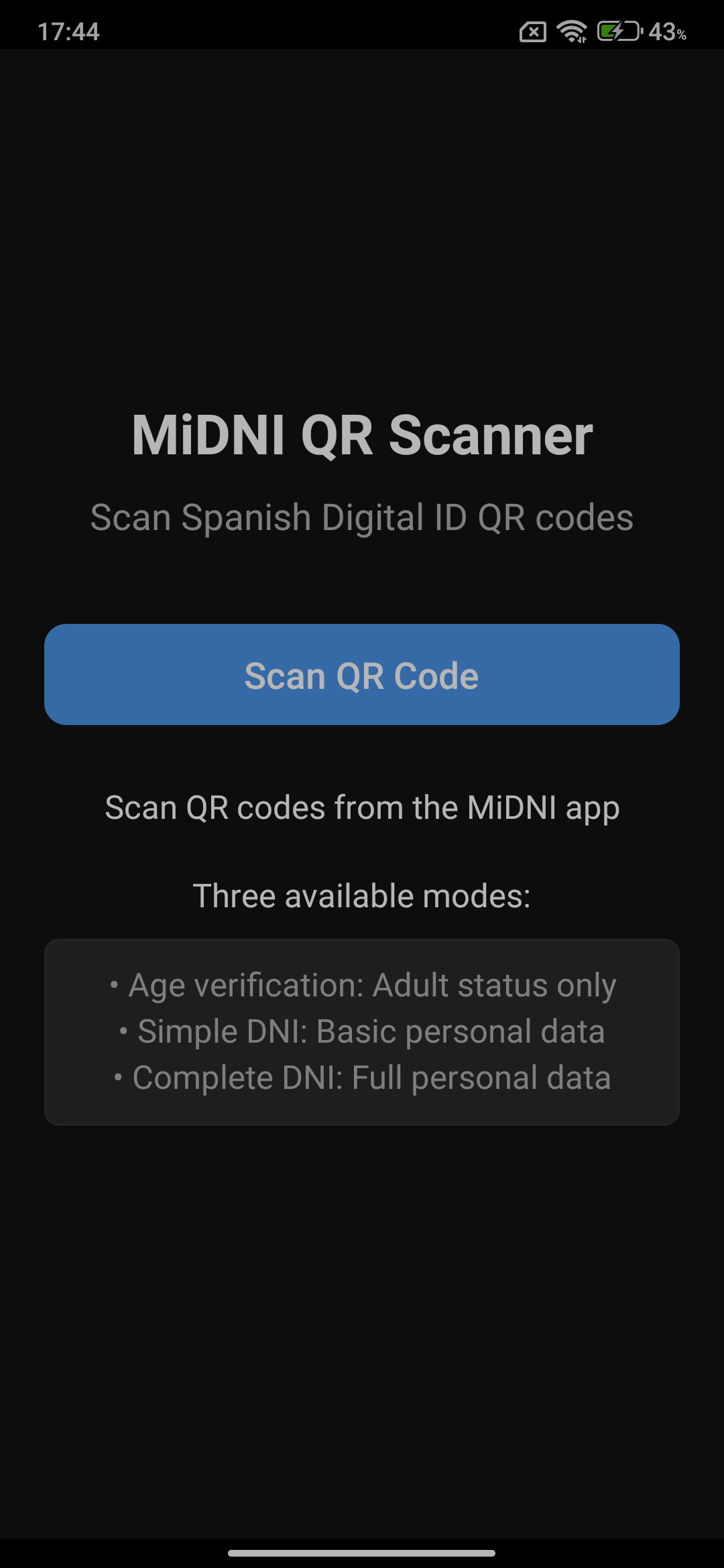 MiDNI QR Scanner Screen