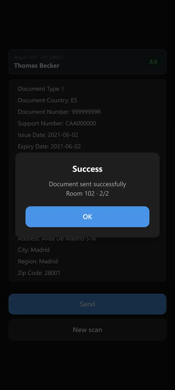 Success message over the scan result: "Document sent successfully, Room 102 · 2/2" with an OK button