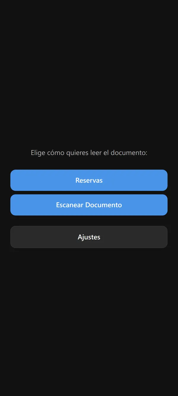 Pantalla de inicio del móvil con dos botones azules (Reservas, Escanear Documento) y un botón gris Ajustes