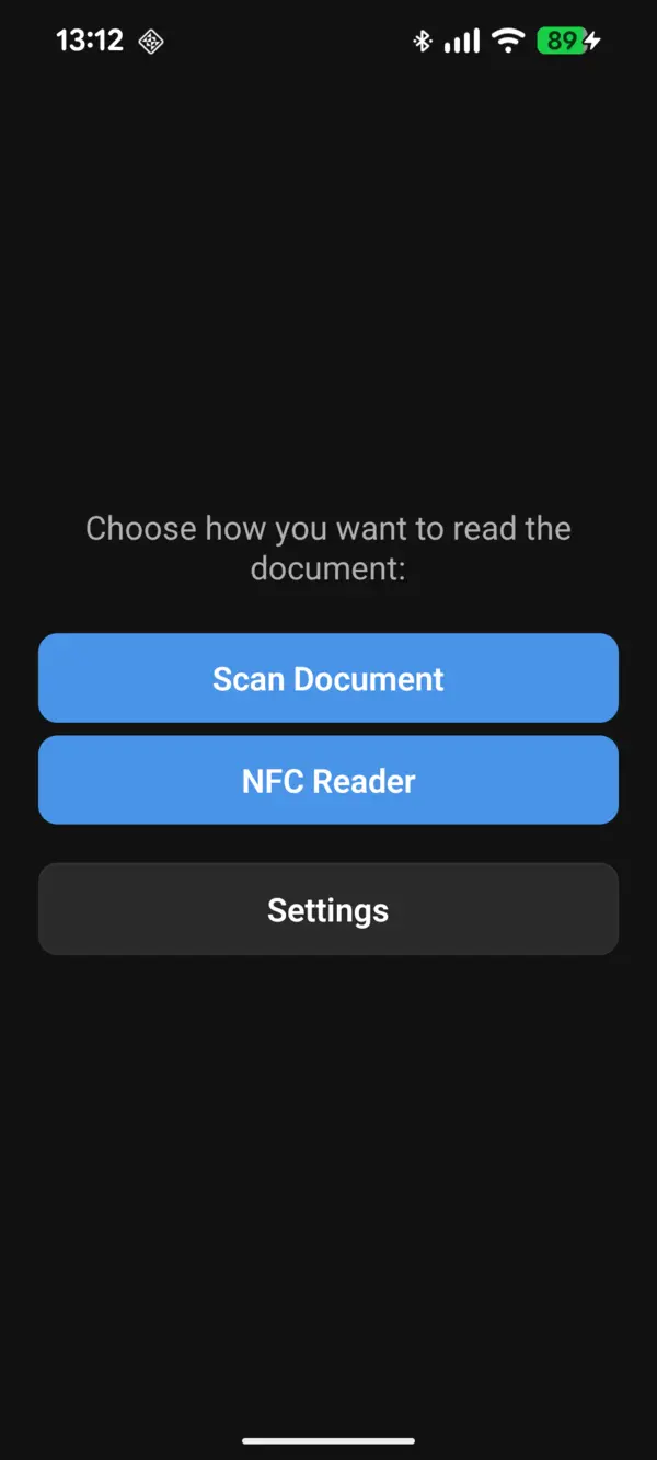 Mobile home screen with two blue buttons (Scan Document, NFC Reader) and a grey Settings button
