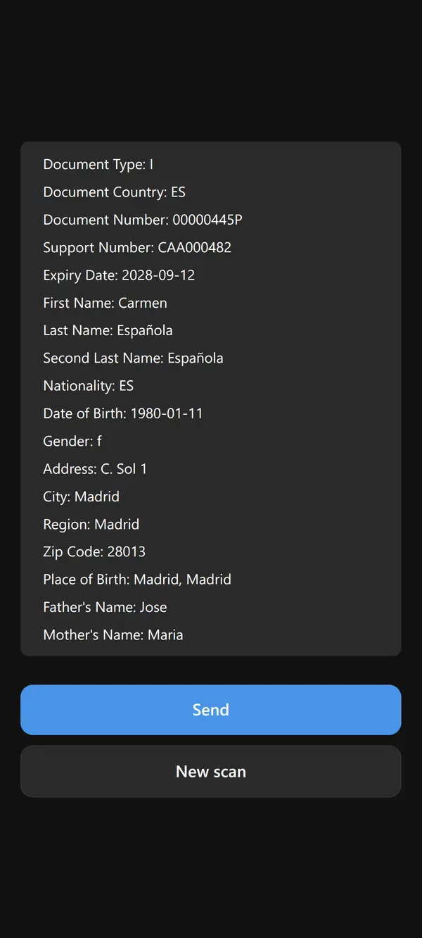 Scan result from a MiDNI QR code: document type, country, number, support number, expiry, name, nationality, date of birth, gender, address, city, region, zip code, place of birth and parents' names, with the Send and New scan buttons