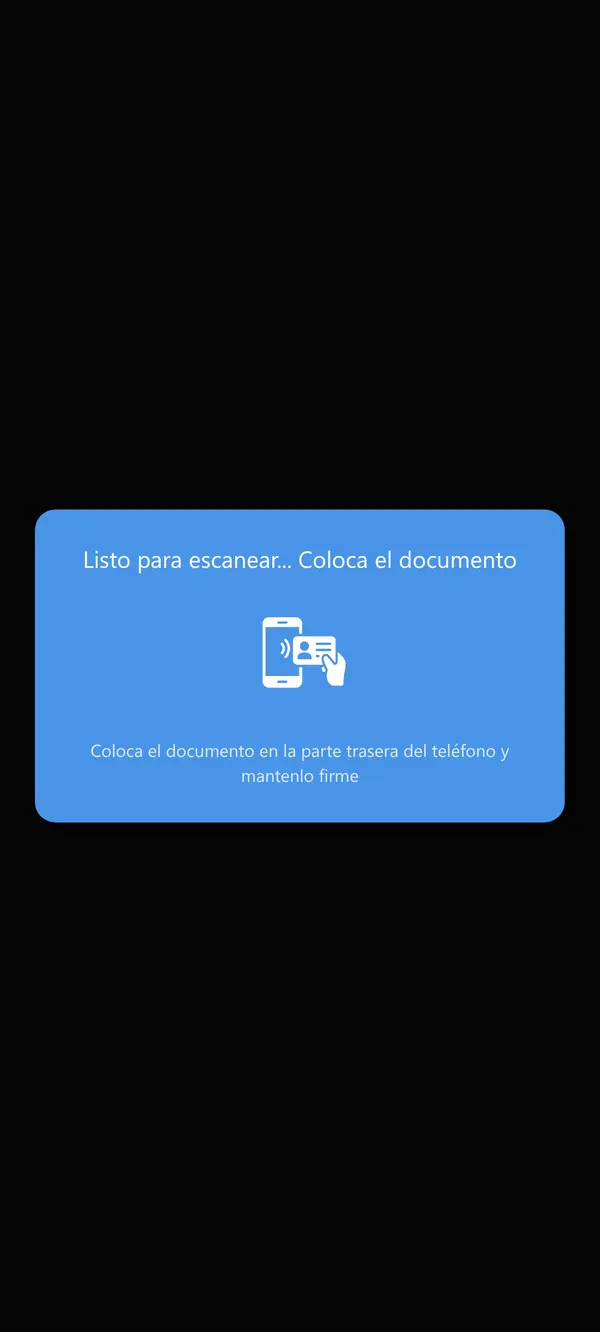 Aviso "Listo para escanear... Coloca el documento" con la ilustración de un móvil y un documento en la parte trasera. Pie: "Coloca el documento en la parte trasera del teléfono y mantenlo firme"