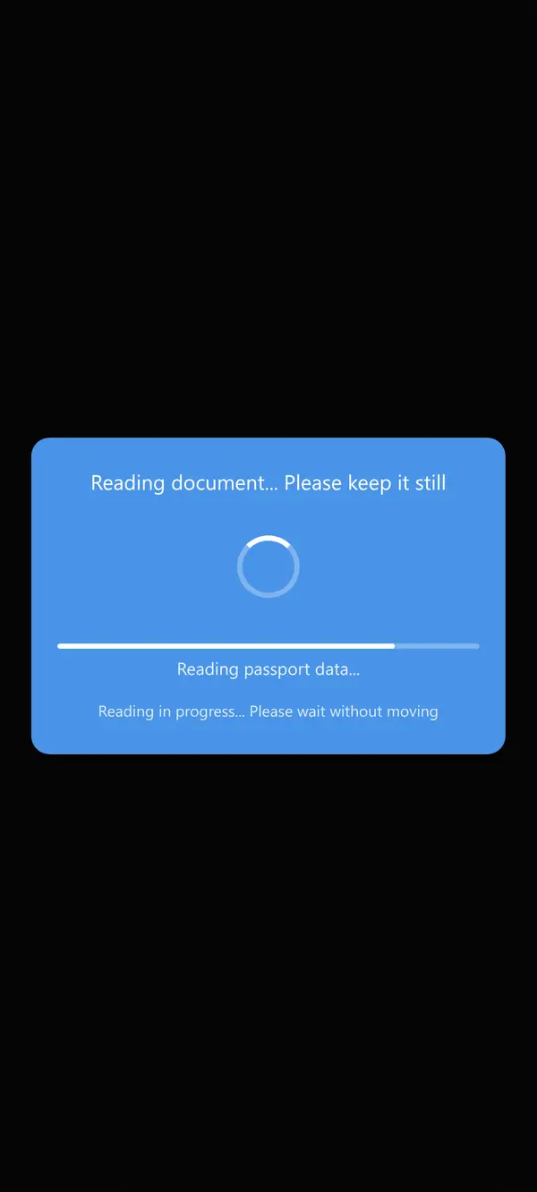 Overlay reading "Reading document... Please keep it still" with a spinner and a progress bar most of the way through. Caption: "Reading in progress... Please wait without moving"