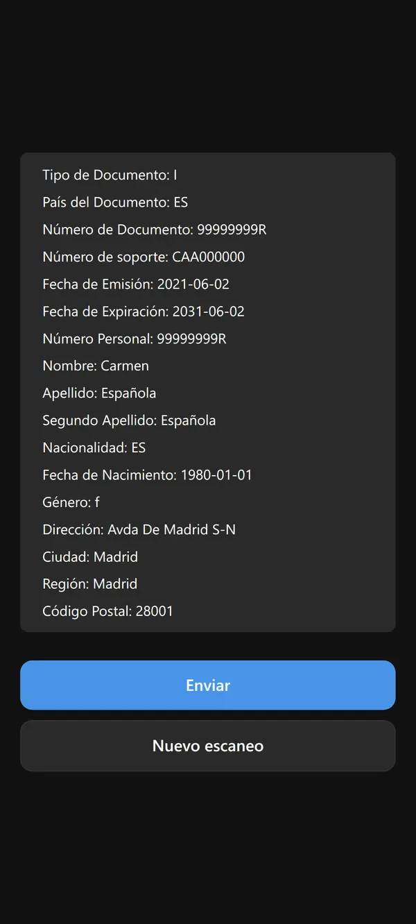 Pantalla de resultado del escaneo con los campos leídos del chip (tipo, país, número, número de soporte, fechas, nombre, nacionalidad, dirección) y dos botones: Enviar y Nuevo escaneo