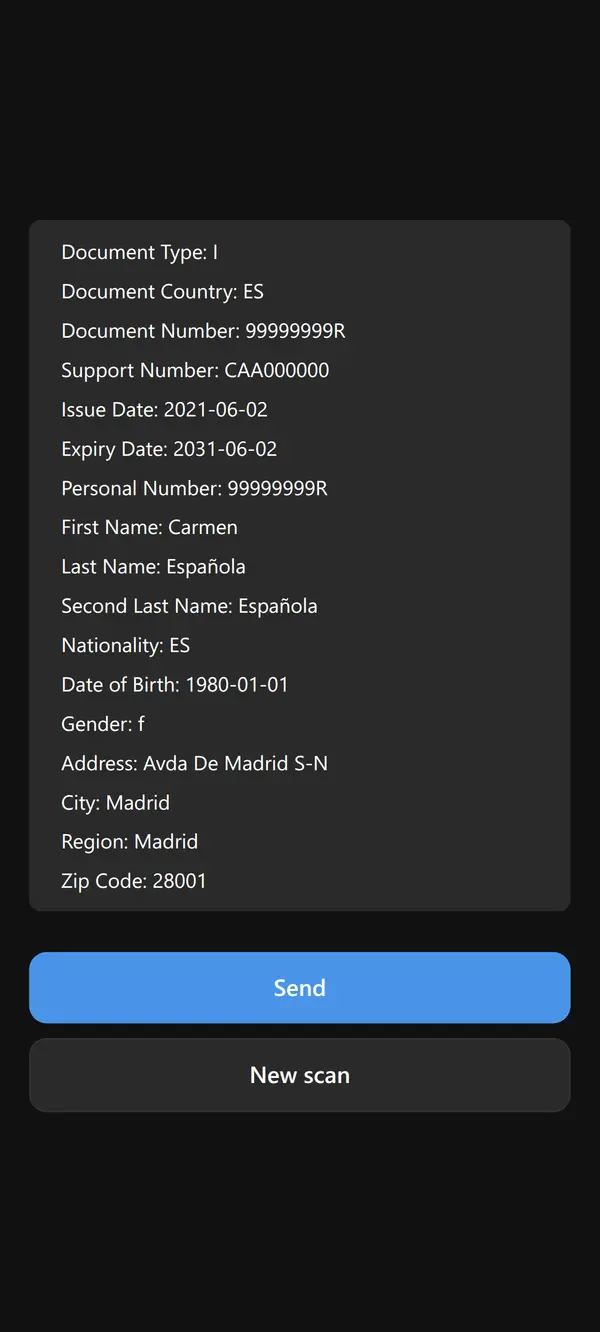Scan result screen with the fields read from the chip (document type, country, number, support number, dates, name, nationality, address) and two buttons: Send and New scan