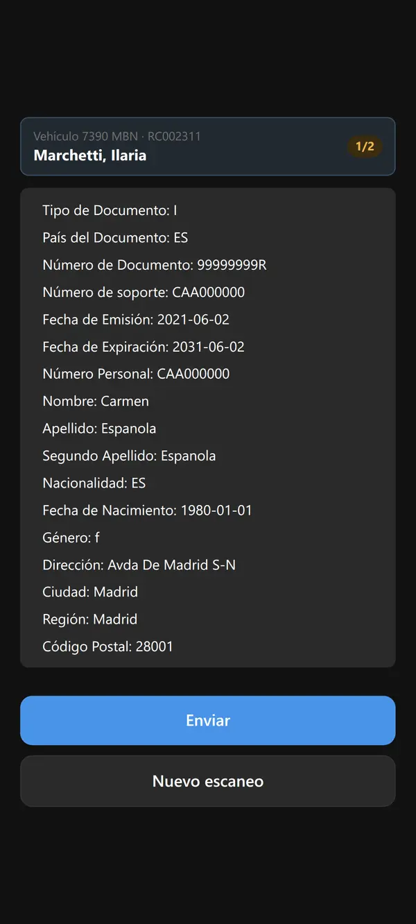 Resultado del escaneo con una cabecera que muestra Vehículo 7390 MBN, la referencia del alquiler, el cliente Marchetti, Ilaria y un contador 1/2, seguida de los campos extraídos del documento y los botones Enviar y Nuevo escaneo