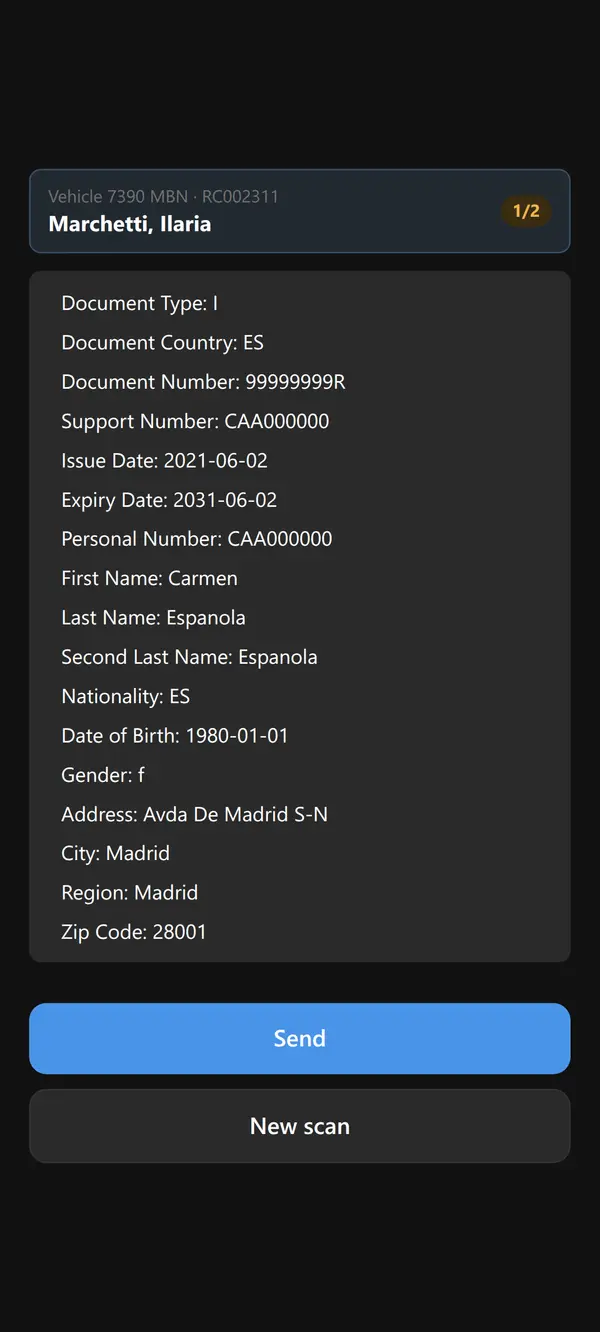 Scan result with a header showing Vehicle 7390 MBN, the rental reference, the customer Marchetti, Ilaria and a 1/2 counter, followed by the extracted document fields and the Send and New scan buttons