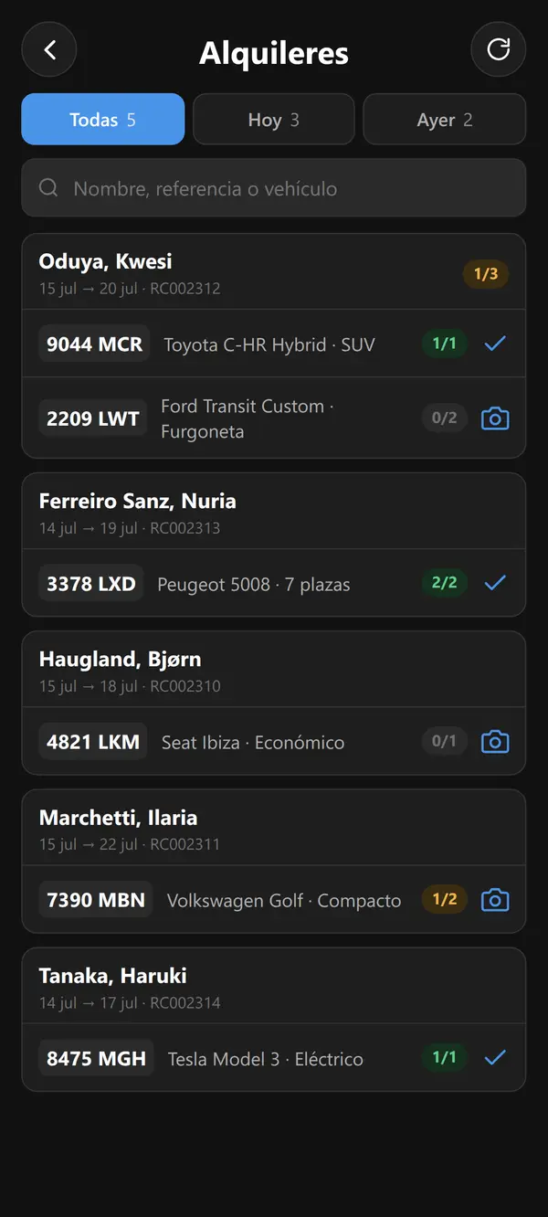 Pantalla de Alquileres con las pestañas Todas, Hoy y Ayer y un buscador por nombre, referencia o vehículo. Cada alquiler muestra el cliente, las fechas y la referencia, y una fila por vehículo con su matrícula, modelo y categoría y un contador de conductores como 0/1, 1/2 o 2/2