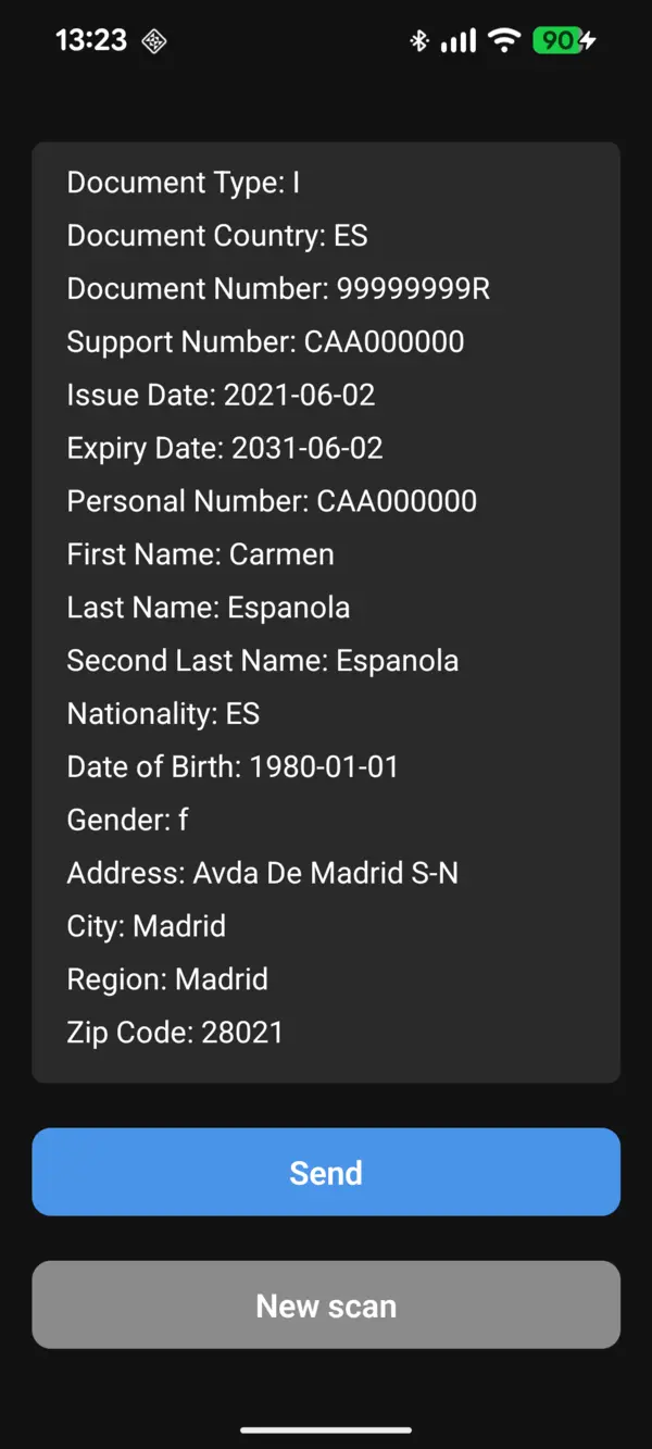 Scan result on the phone with extracted document fields and Send / New scan buttons