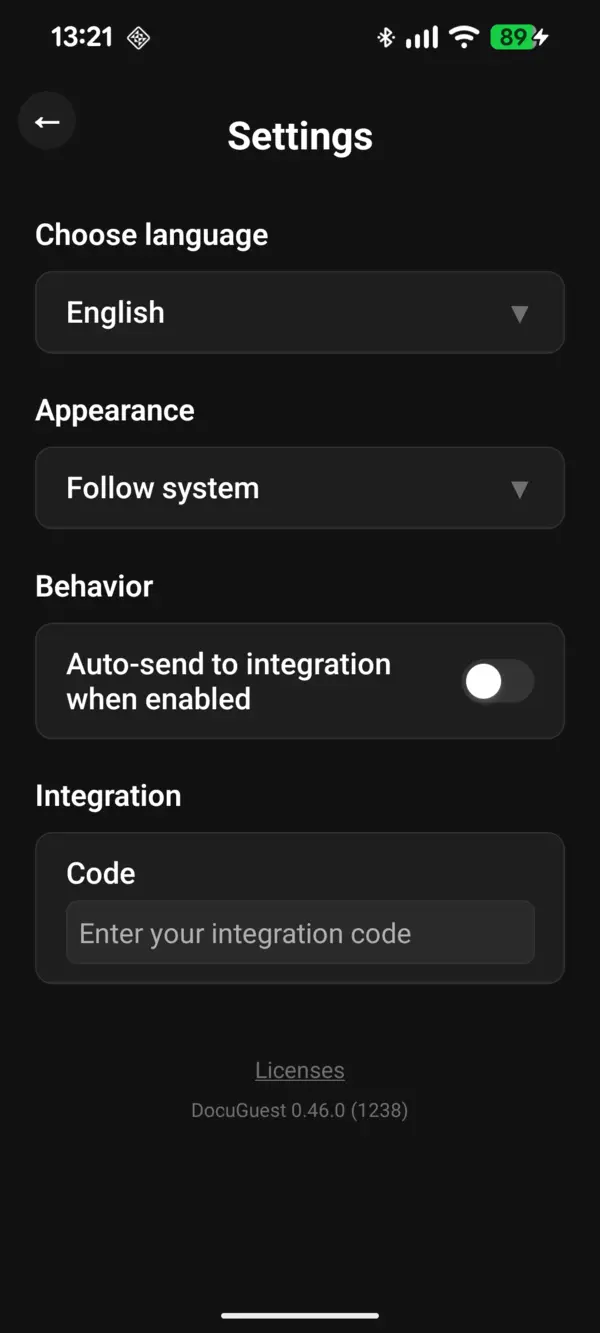 DocuGuest mobile Settings screen with the Integration Code field at the bottom